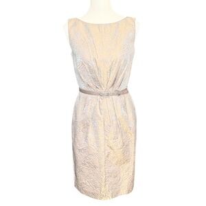 Anne Klein New York Brocade Sheath Dress Champagne Gold Silver Belted Size 4
